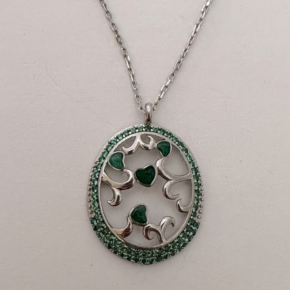 925 Silver oval tree of life heart necklace green handmade enamel cz  stones